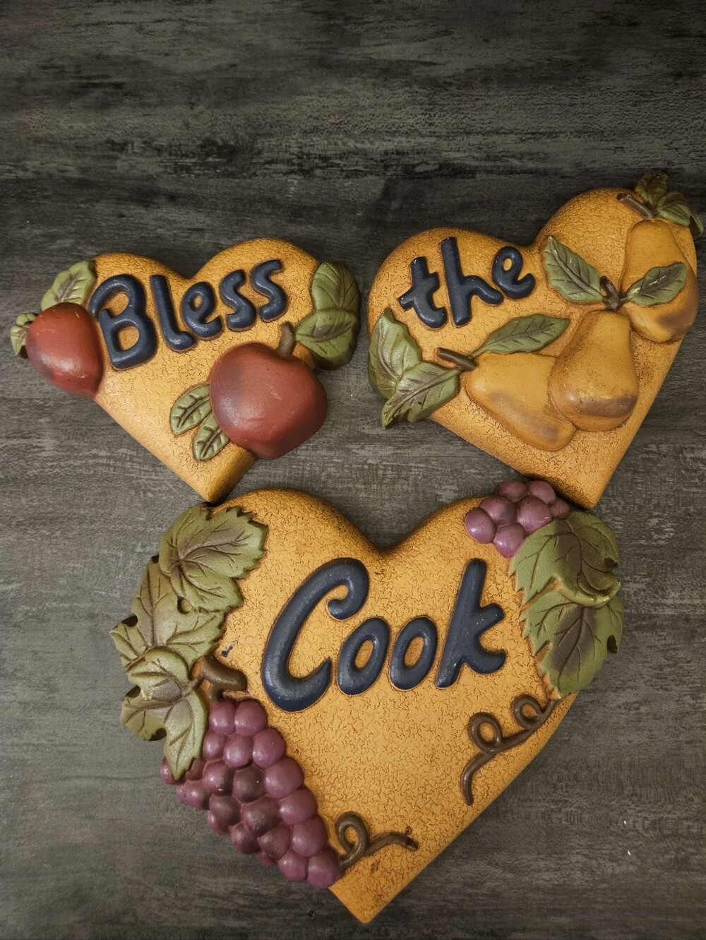 Vintage Home Interiors (Homco) "Bless the Cook" 3-pc Heart-Shaped Wall Plaques